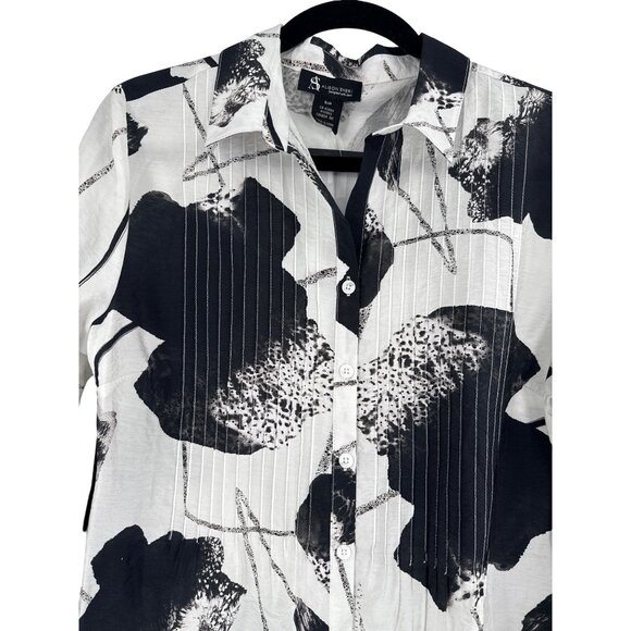 Alison Sheri Long Sleeve Button-Up Blouse S/P Black & White Abstract Print Polye - Picture 3 of 10